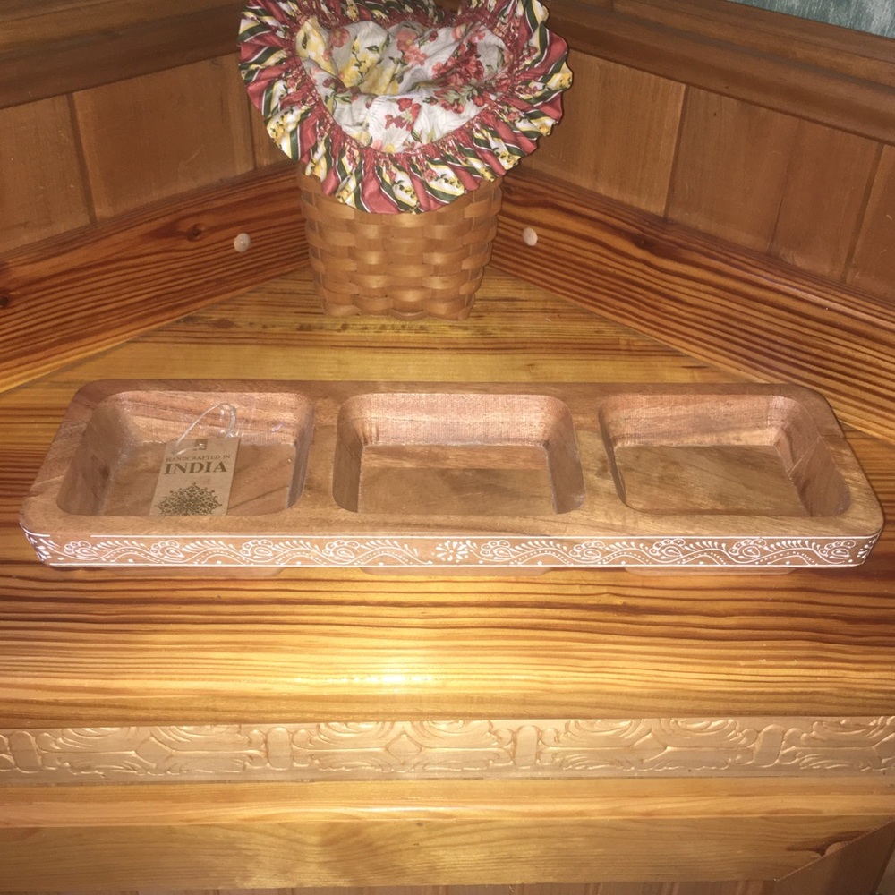 Wooden Snack Tray Handcrafted In India 3 Sections White Trim New With Tag